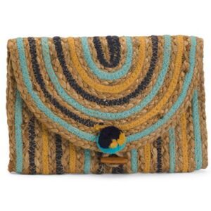 AMERICA & BEYOND Sunset Striped Staw Woven Jute Clutch Purse Tan Blue OS NWT